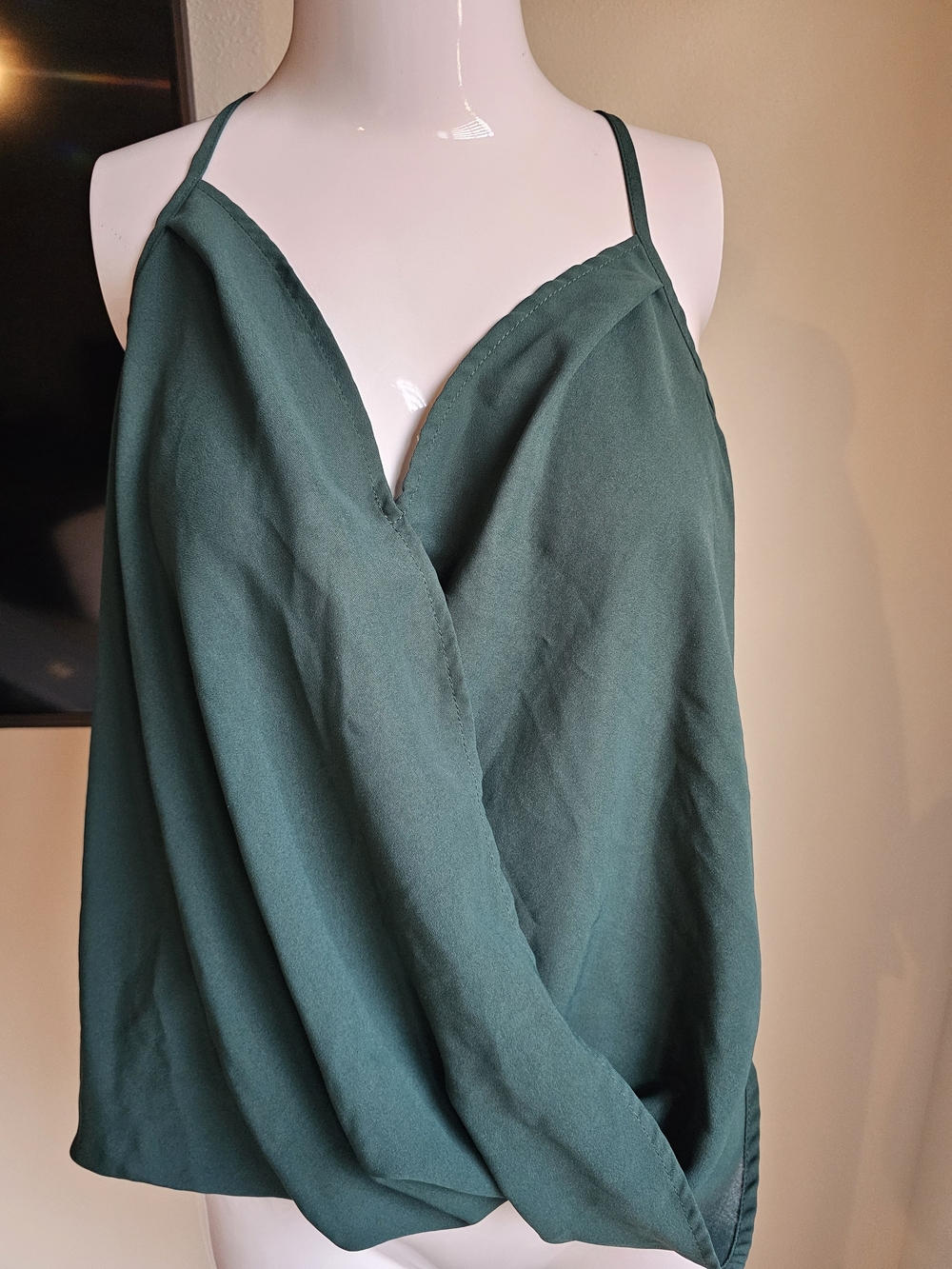 Forest Green Draped V-Neck Cami with Spaghetti Straps
